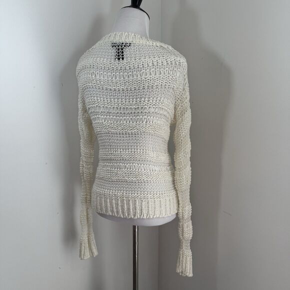 J J Basics Y2K Sweater Top S Ivory Crochet Stretchy Mesh Knit Crewneck Pullover - Picture 4 of 10